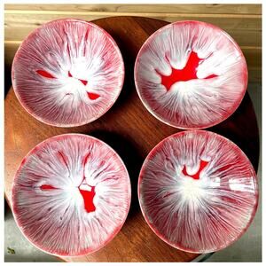 Vintage Studio Pottery Bowls – Red and White Reactive Glaze – Set of Four5